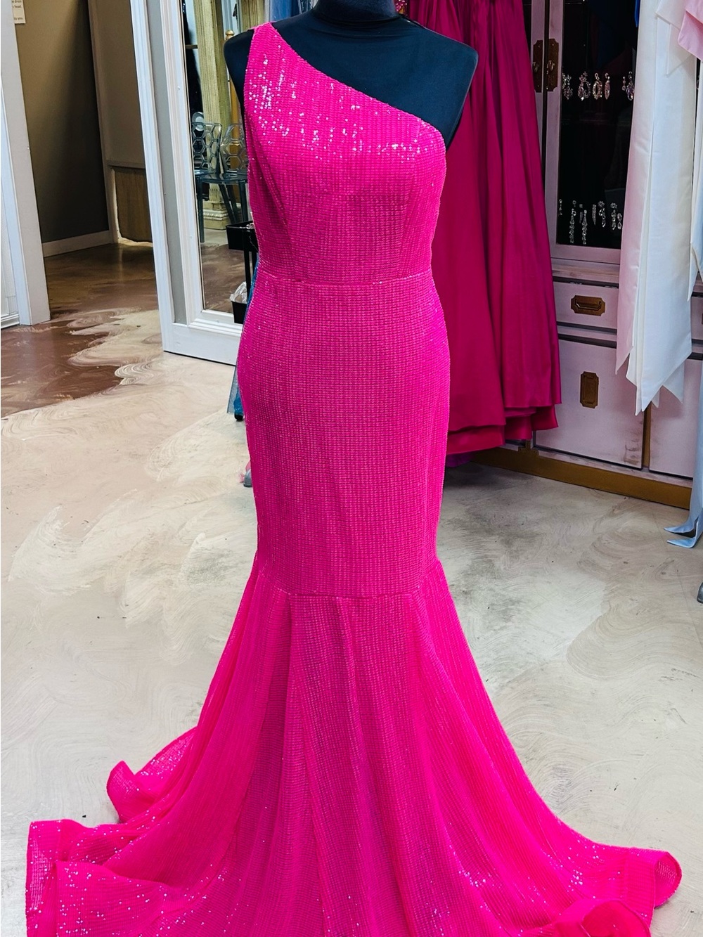 Portia and Scarlett Hot Pink One-Shoulder Sequin Prom Gown